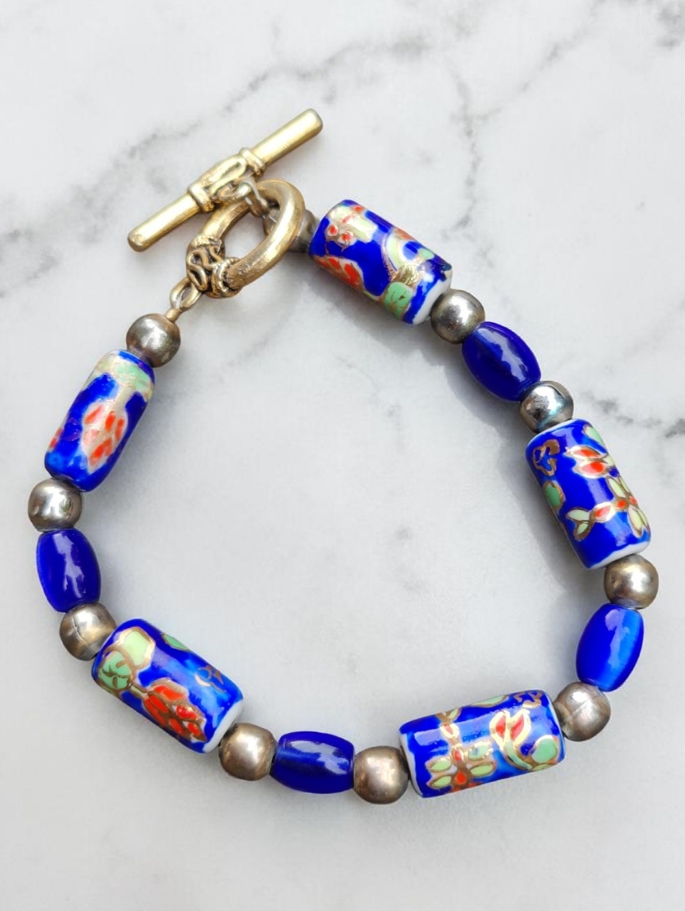 🌹 Vintage Hand Painted African Trade Bead Rose Floral Bracelet